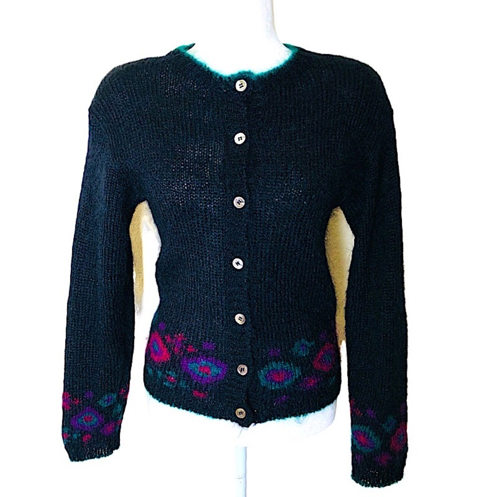 Vintage‎ Grandma Core Cambridge Spirit Knit Sweater Black Long Sleeve Button Up